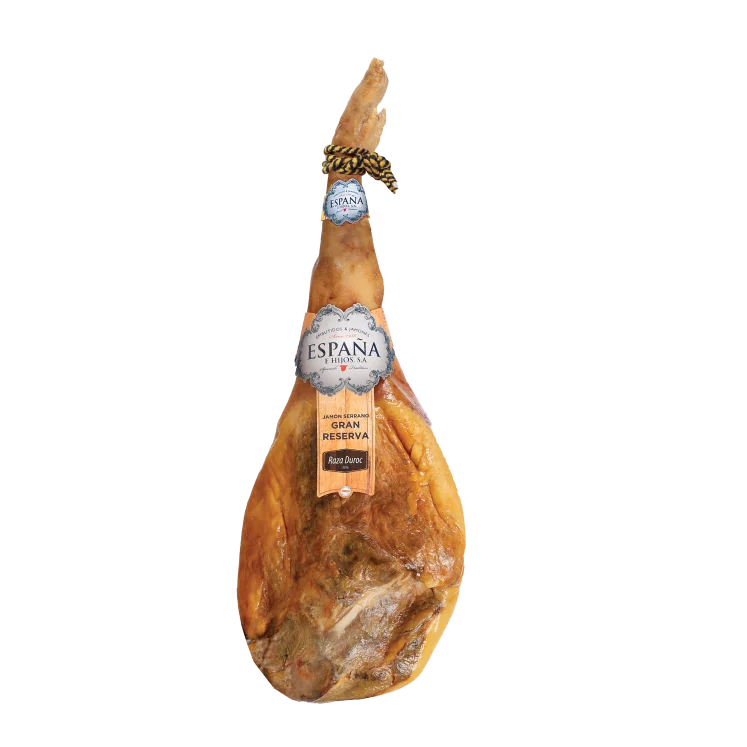 JAMBON SERRANO GRAN RESERVE PATTE ENTIERE +/- 7 kG + SUPPORT ET COUTEAU