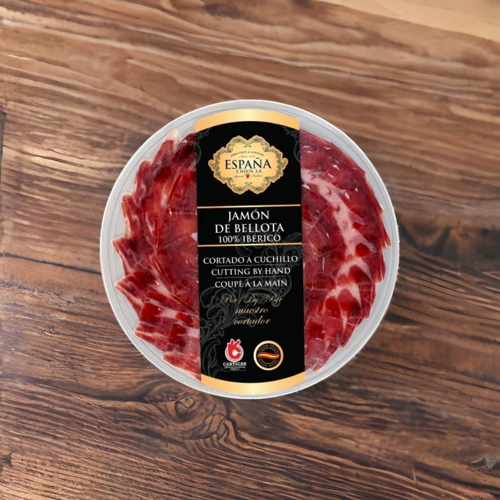 Jambon ibérique pata negra Bellota. Conditionnement 250g. coupé